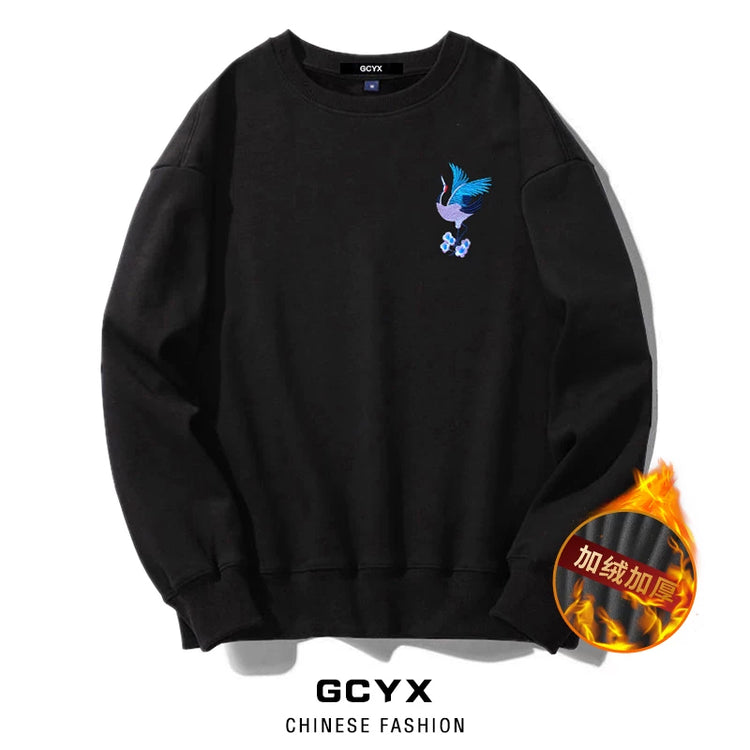 Chinese style crane embroidered long-sleeved crew neck sweatshirt boys' cotton T-shirts autumn and winter plus-size women's plush couple outfits