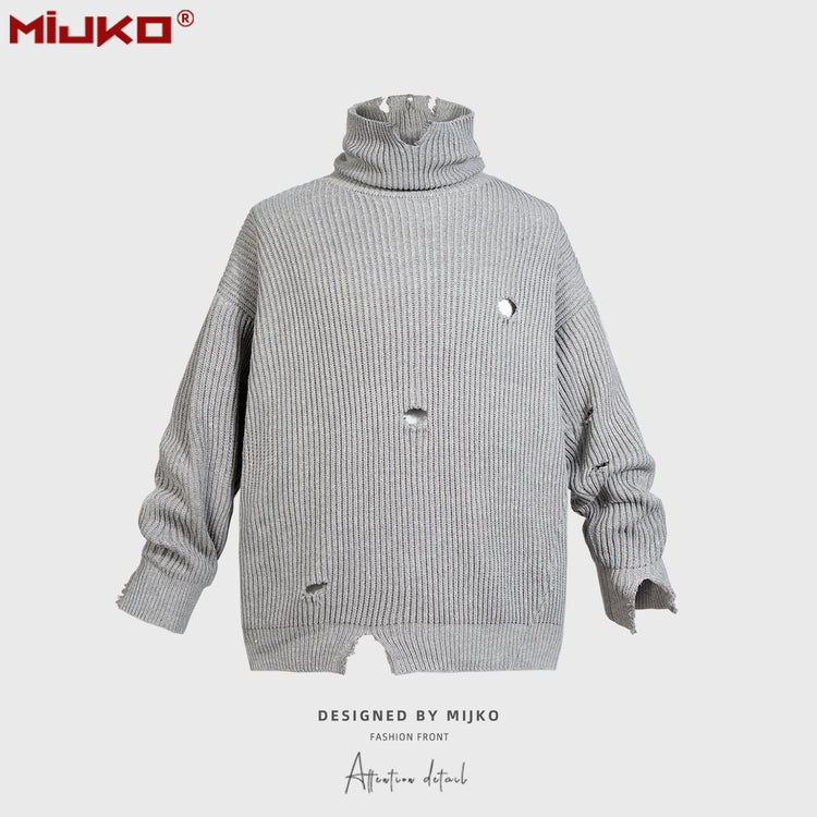 MIJKO men's women's irregularly cut pullover tide unisex turtleneck knitwear silhouette ruined sweater