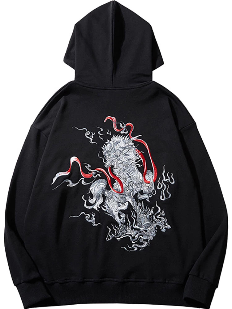 Chinese style unicorn cloud embroidered hooded sweatshirt men's autumn new loose cotton casual plus size hoodie national tide