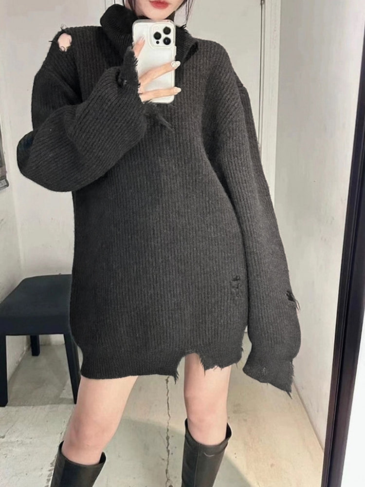 MIJKO men's women's irregularly cut pullover tide unisex turtleneck knitwear silhouette ruined sweater