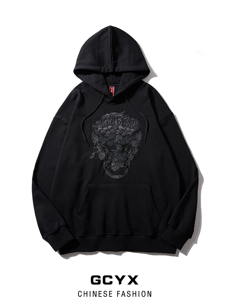 Chinese-style lion dance and embroidered hooded sweatshirt for men, loose and stylish autumn lion head, national trendy casual pure cotton long-sleeve hoodie