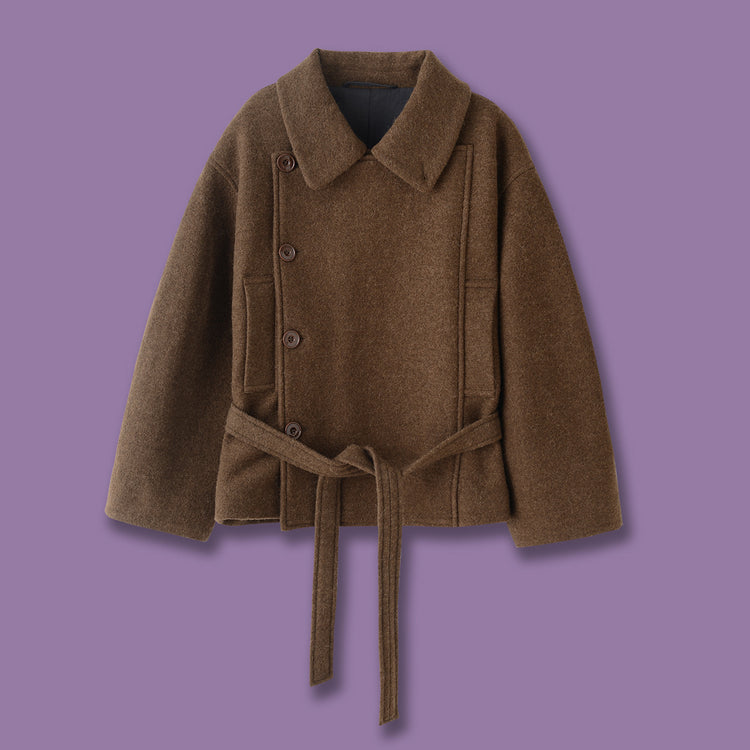 26 Autumn/Winter New Old Coin Style Camel Hair Short Wool Coat Tied Bathrobe Jacket Camel Waist-Cinching Vintage