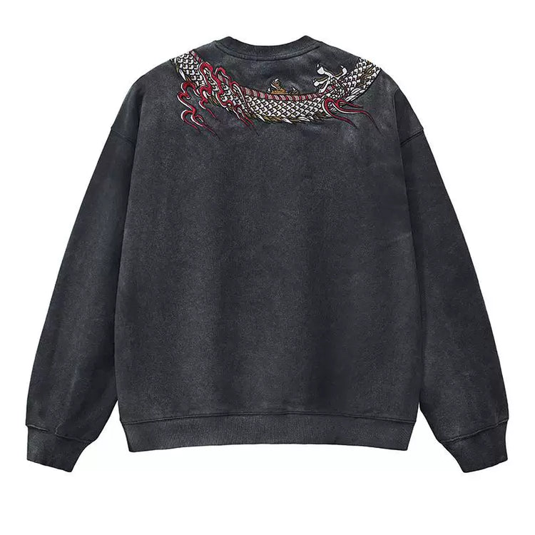 The national tide wash, the old Chinese style, the heavy Yokosuka dragon embroidery, the round neck sweatshirt, the cotton male and female couples, the spring and autumn new