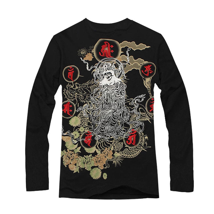 Japanese Yokosuka and handle embroidery cotton long-sleeved T-shirt men's fashionable casual dye ukiyo-e dragon Buddha