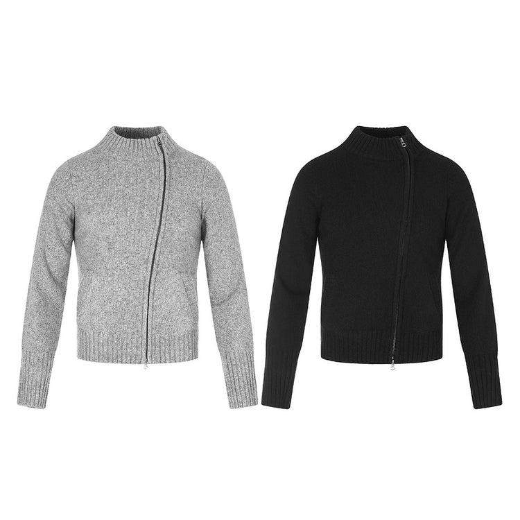 Cool Tone Gray Diagonal Zipper High-Neck Cardigan Asymmetric Placket Pocket Commuting Slimming Sweater Old Money Style Guy