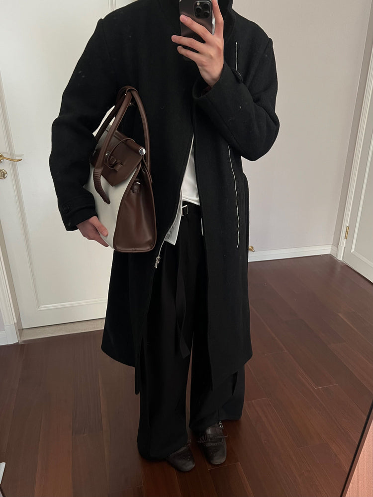 TAICHIISM "100 wool diagonal zipper" strap-on type small stand-up collar tucks lumbar muscle woolen old money coat