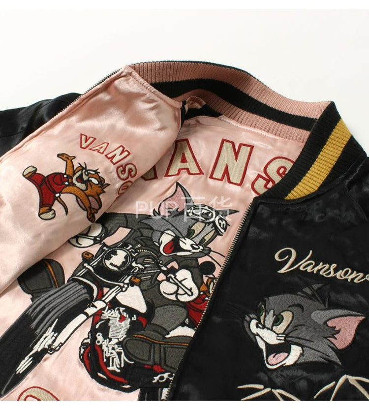 VA*SON biker heavy embroidery classic cartoon cat and mouse Yokosuka reversible raglan jacket