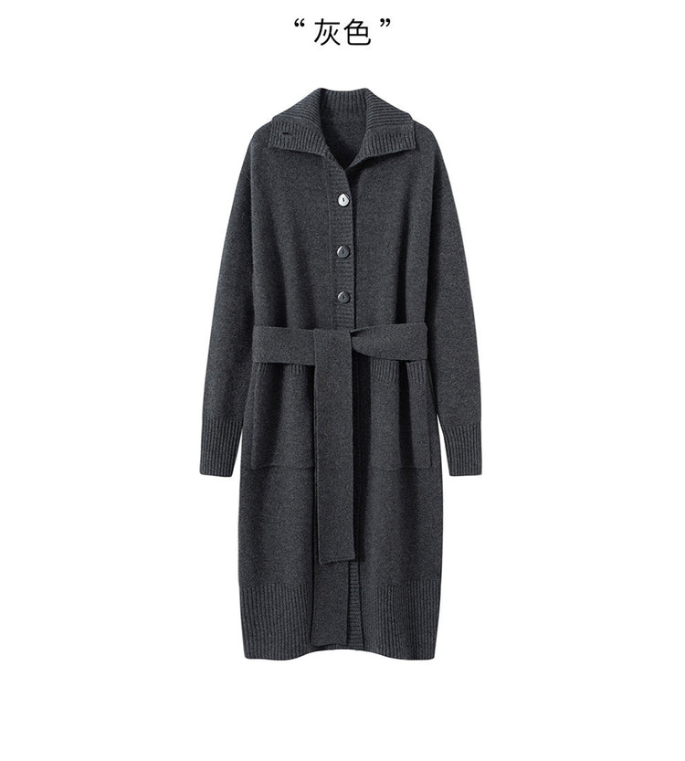 Light luxury and high-end 100% pure cashmere sweater, women's lapel mid-length knit cardigan, loose and slimming coat