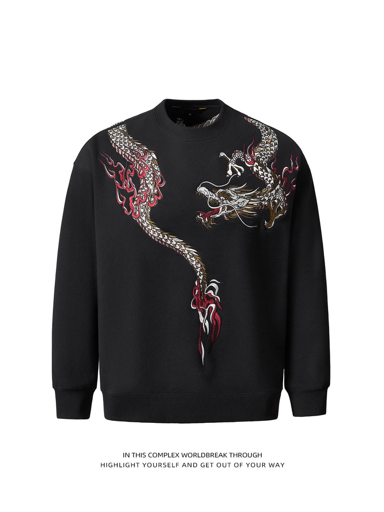 Sukajan Chinese-style Guochao heavy-industry dragon embroidery fleece crew neck pullover sweatshirt for men and women