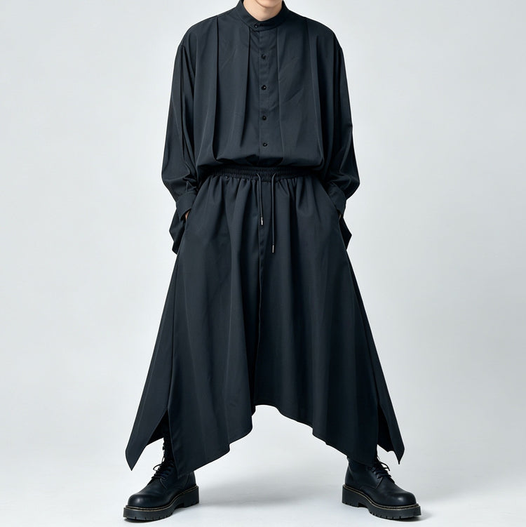 Japanese-style dark stand-collar long-sleeve shirt, loose drape Tencel shirt for men and women, pleated casual Lyocell top