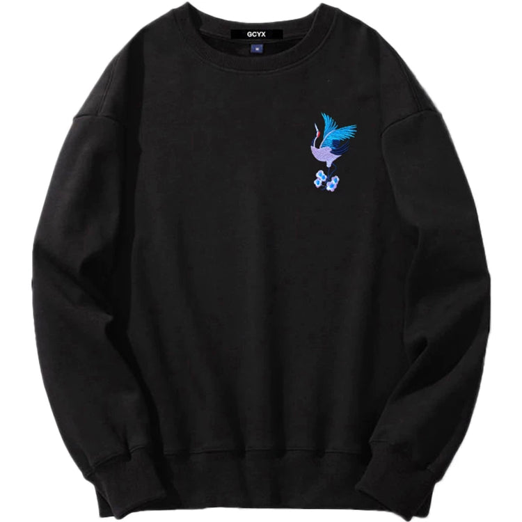 Chinese style crane embroidered long-sleeved crew neck sweatshirt boys' cotton T-shirts autumn and winter plus-size women's plush couple outfits
