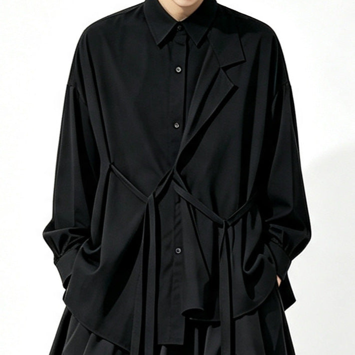 A157 black long Lyocell top, loose drape dark Japanese Yoshi trench coat style Tencel shirt