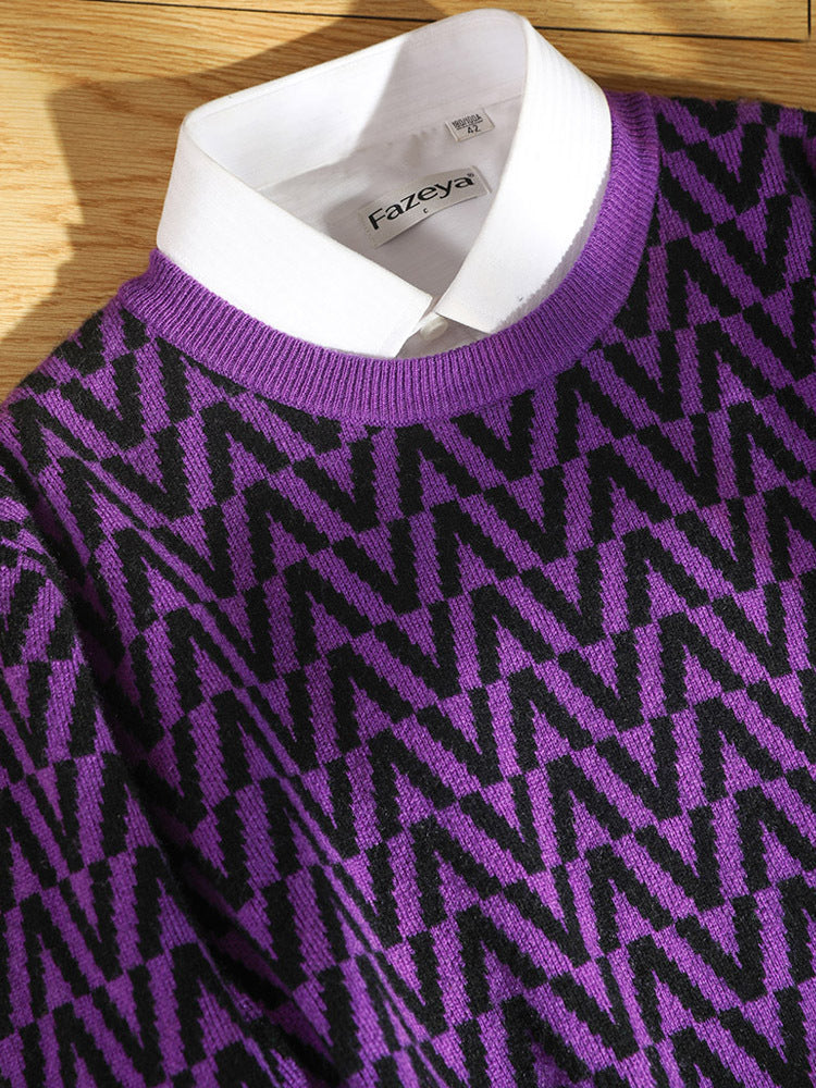 Men's 100% Pure Wool Sweater 2 Autumn/Winter New Coffee-Base White Wavy Round Neck Knit Non-Irritating Men's Wear