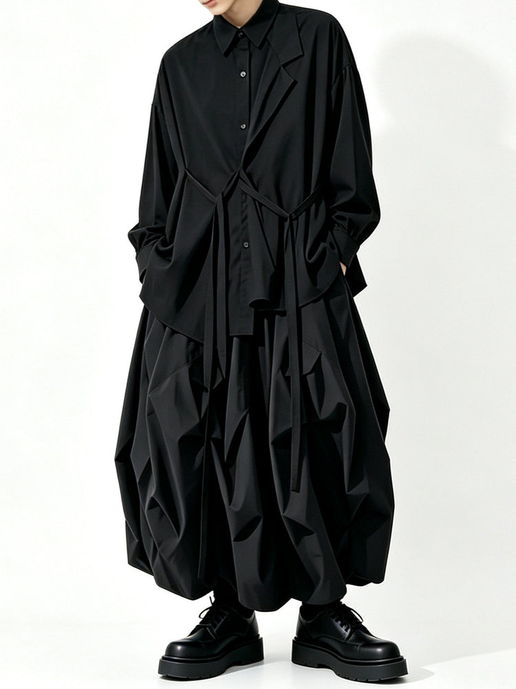 A157 black long Lyocell top, loose drape dark Japanese Yoshi trench coat style Tencel shirt