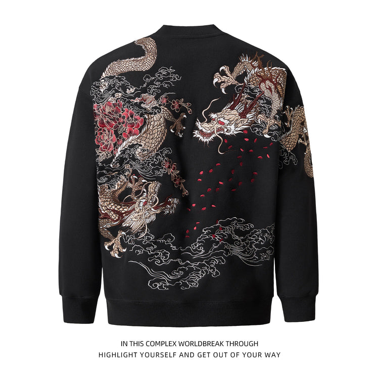 Sukajan fall and winter fleece pullover sweatshirt Yokosuka heavy industry dragon embroidery crew neck top Chinese style youth