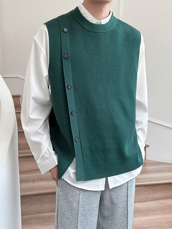 Light and familiar style 2023 Korean version solid color asymmetrical design sense personality knitted vest pullover sweater jacket vest men