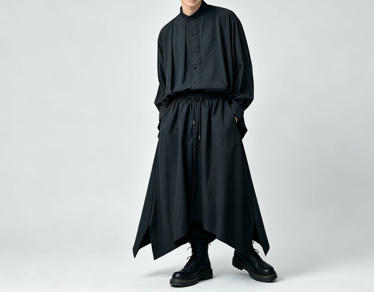 Japanese-style dark stand-collar long-sleeve shirt, loose drape Tencel shirt for men and women, pleated casual Lyocell top
