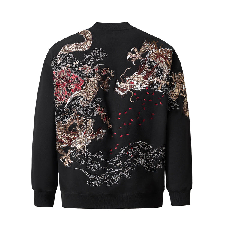 Sukajan fall and winter fleece pullover sweatshirt Yokosuka heavy industry dragon embroidery crew neck top Chinese style youth