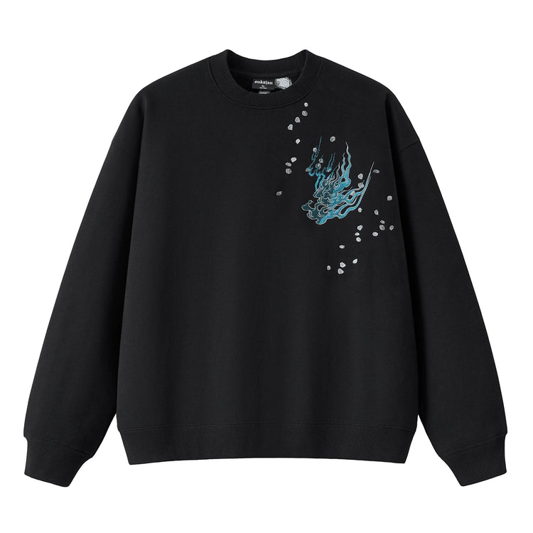 sukajan Kokuchao Heavy Industries Yokosuka White Tiger Embroidered Fleece-Lined Crew Neck Sweatshirt Jacket for Men, Traditional Style Embroidery