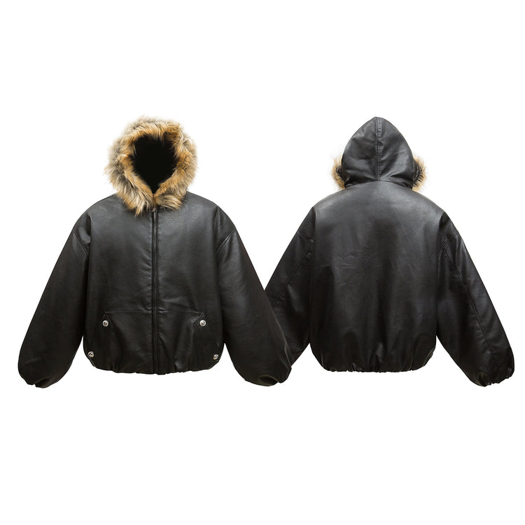 K20 American vintage street winter trendy PU leather design men's thickened warm seat carved hooded cotton jacket