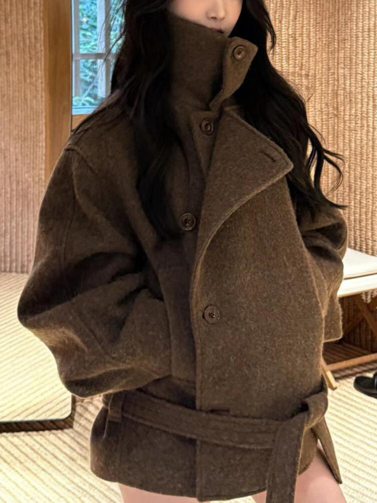 26 Autumn/Winter New Old Coin Style Camel Hair Short Wool Coat Tied Bathrobe Jacket Camel Waist-Cinching Vintage