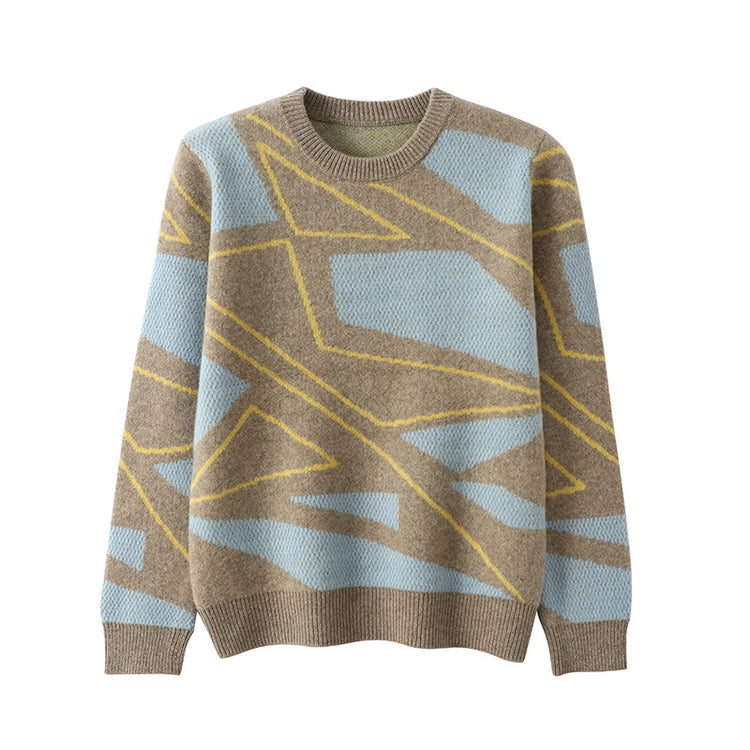 Men's pure wool sweater, teenage irregular pattern knit base shirt, winter plus-size cashmere sweater, crew neck sweater