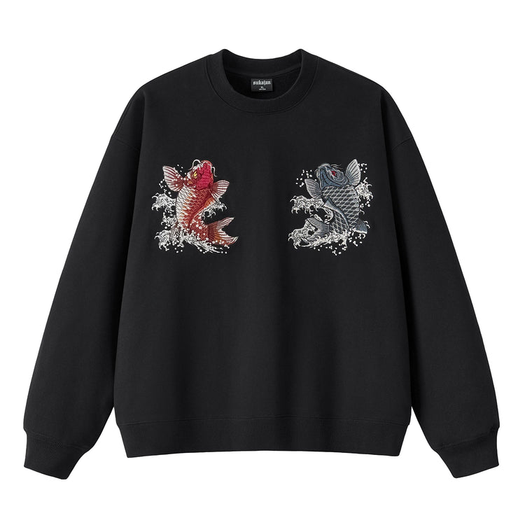 sukajan Kokucho Heavy Industries Yokosuka Carp Embroidered Crew Neck Sweatshirt Jacket for Men's Kokufu Koi