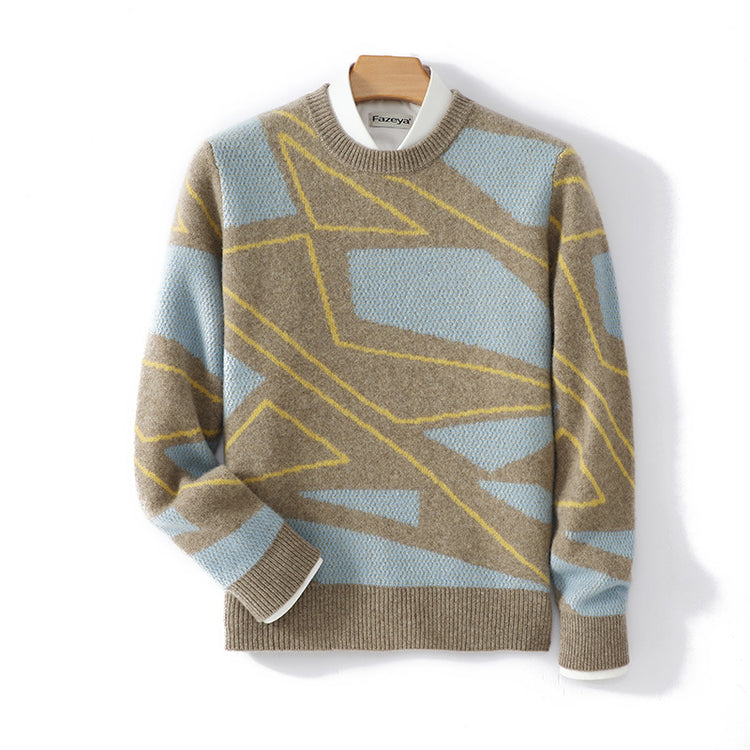 Men's pure wool sweater, teenage irregular pattern knit base shirt, winter plus-size cashmere sweater, crew neck sweater