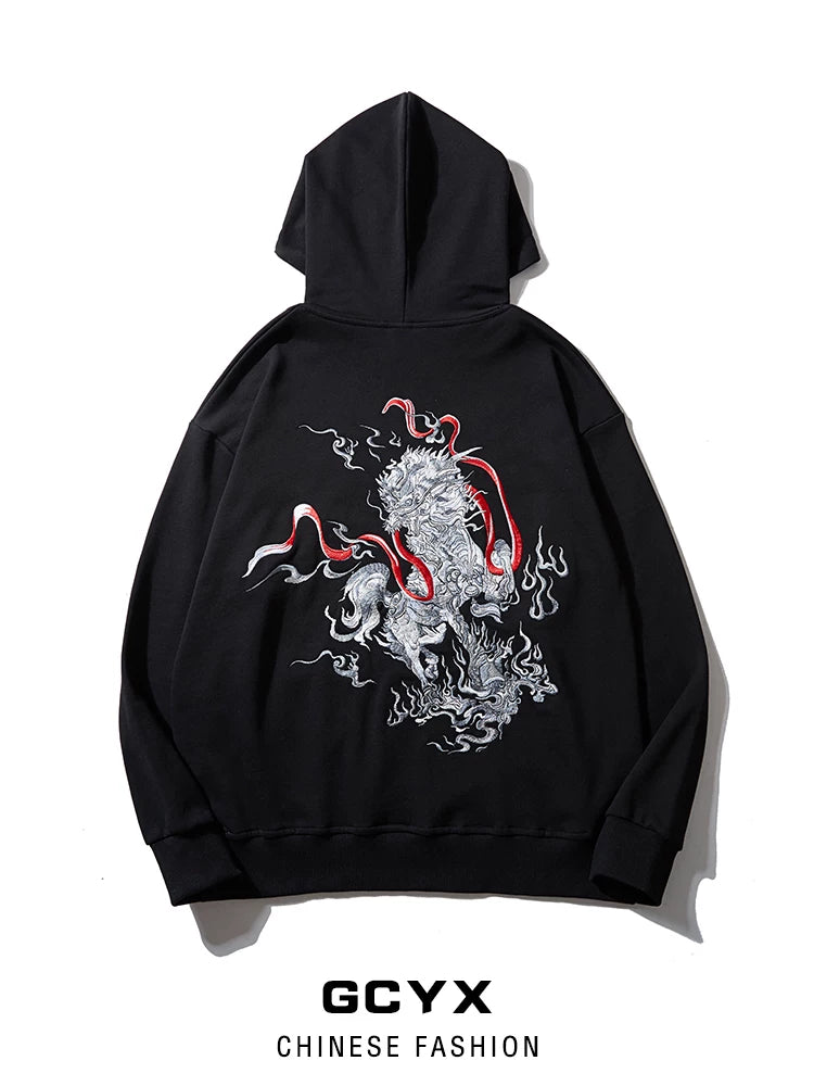 Chinese style unicorn cloud embroidered hooded sweatshirt men's autumn new loose cotton casual plus size hoodie national tide