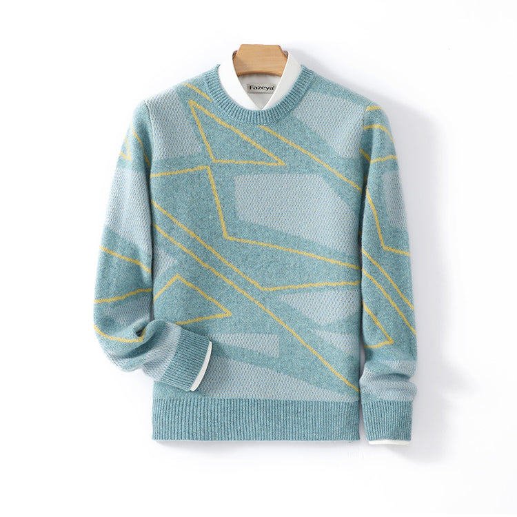 Men's pure wool sweater, teenage irregular pattern knit base shirt, winter plus-size cashmere sweater, crew neck sweater