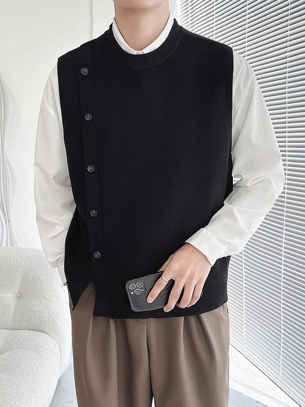 Light and familiar style 2023 Korean version solid color asymmetrical design sense personality knitted vest pullover sweater jacket vest men