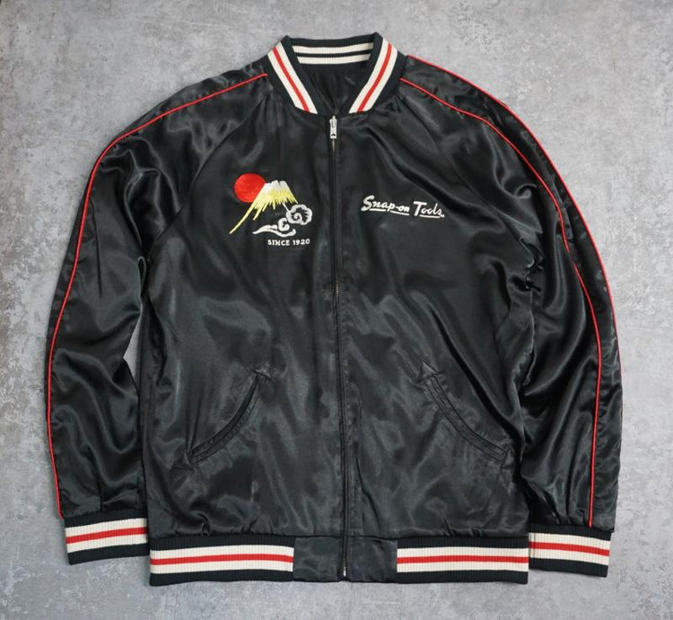 A classic retro biker collaboration Yokosuka embroidered reversible baseball jacket