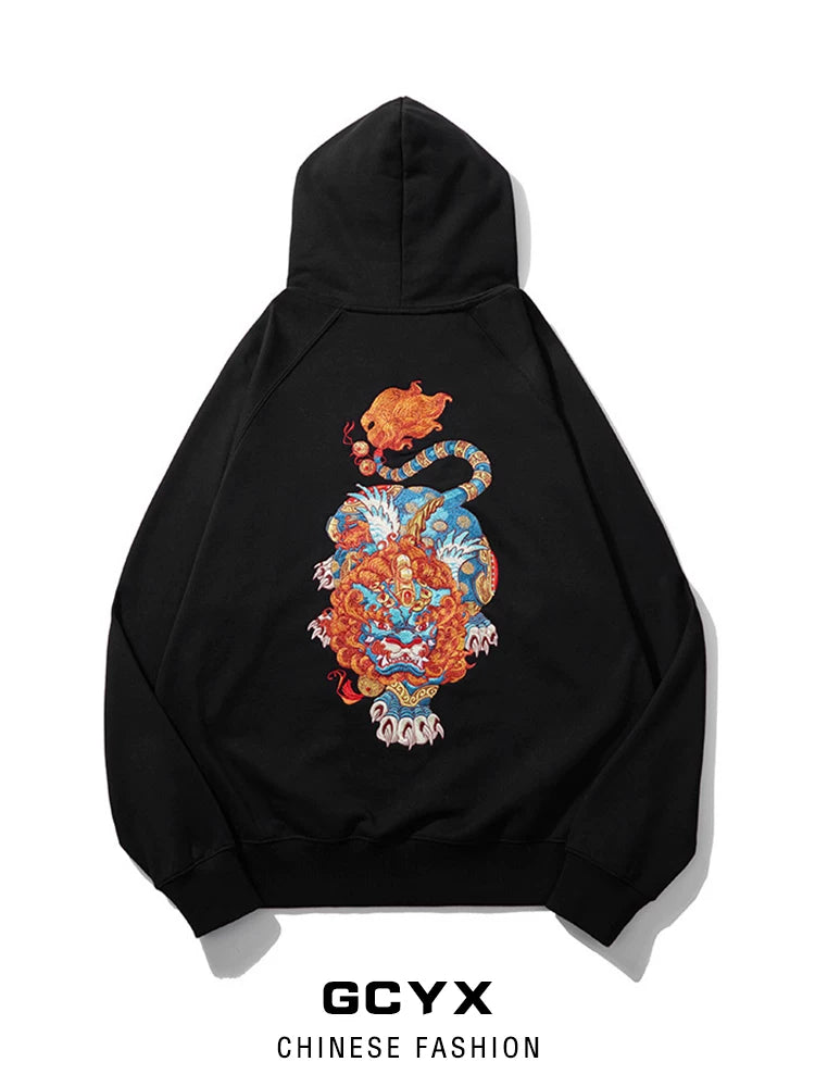 Chinese style embroidered unicorn jacket men's and women's national tide men's sweatshirt jacket autumn and winter style zipper cardigan thickened hoodie