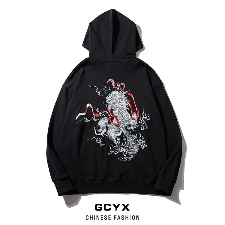 Chinese style unicorn cloud embroidered hooded sweatshirt men's autumn new loose cotton casual plus size hoodie national tide
