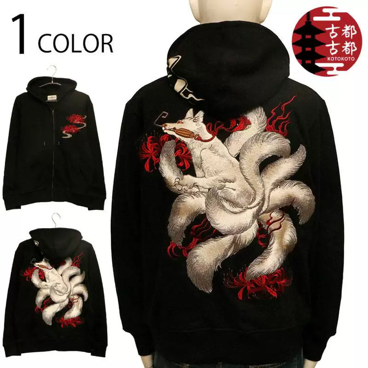 High-end Yokosuka classic ukiyo-e nine-tailed fox red spider lily full embroidery, pure cotton hooded zipper sweatshirt