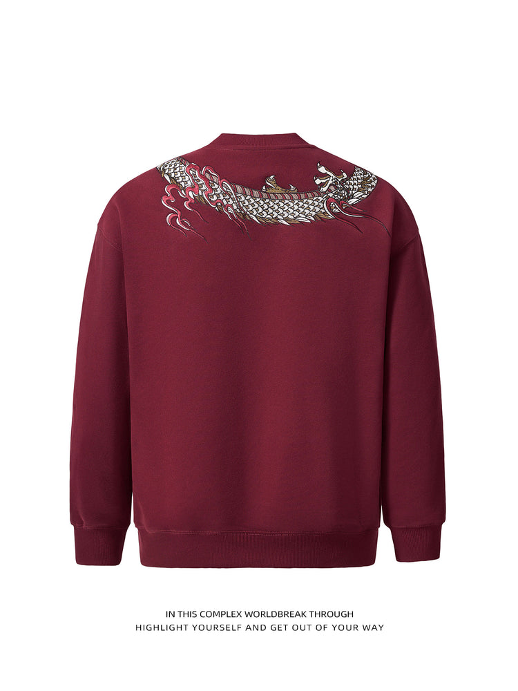Sukajan Chinese-style Guochao heavy-industry dragon embroidery fleece crew neck pullover sweatshirt for men and women