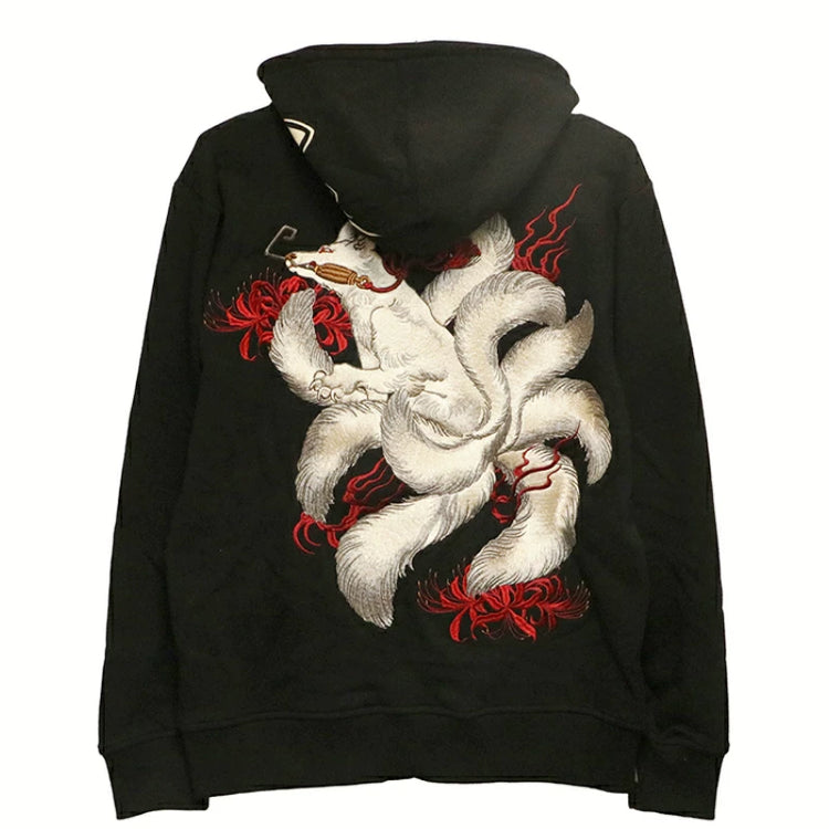 High-end Yokosuka classic ukiyo-e nine-tailed fox red spider lily full embroidery, pure cotton hooded zipper sweatshirt