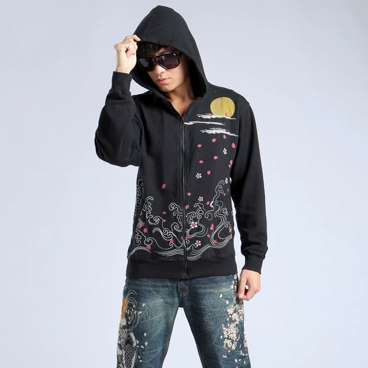 Foreign trade export Japanese ukiyo-e embroidery hooded sweater Yokosuka cardigan tattoo tattoo shirt embroidered dragon