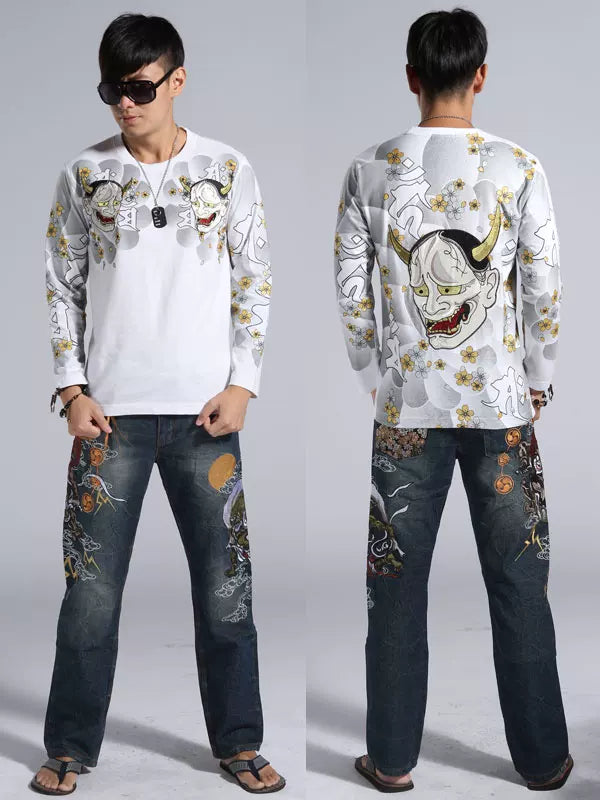 Foreign trade exports to Japan round neck embroidery long sleeve T-shirt and handle Yokosuka ukiyo-e tattoo tattoo embroidery flower banno