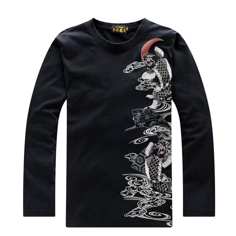 Classic Chinese style embroidery long sleeve T-shirt men's embroidered garden collar tattoo ukiyo-e auspicious carp