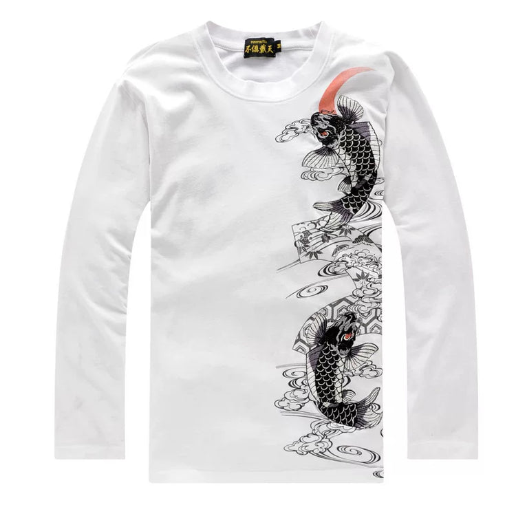 Classic Chinese style embroidery long sleeve T-shirt men's embroidered garden collar tattoo ukiyo-e auspicious carp