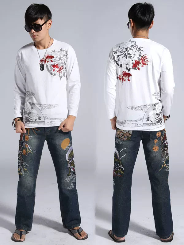 Tattoo Chinese style and handle Yokosuka Japanese embroidery long sleeve t-shirt men's cotton embroidery goldfish couple