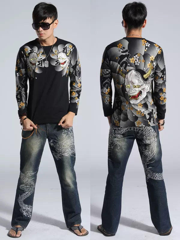 Foreign trade exports to Japan round neck embroidery long sleeve T-shirt and handle Yokosuka ukiyo-e tattoo tattoo embroidery flower banno
