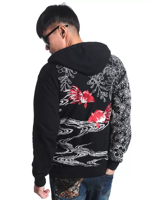 Hirabo Japan Washo Yokosuka high-end embroidery hooded sweatshirt men's cotton terry fleece embroidered goldfish