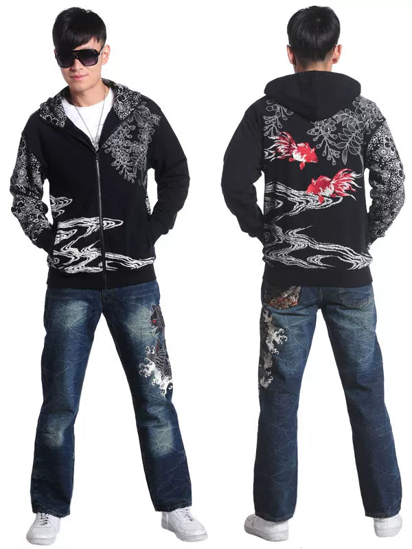 Hirabo Japan Washo Yokosuka high-end embroidery hooded sweatshirt men's cotton terry fleece embroidered goldfish