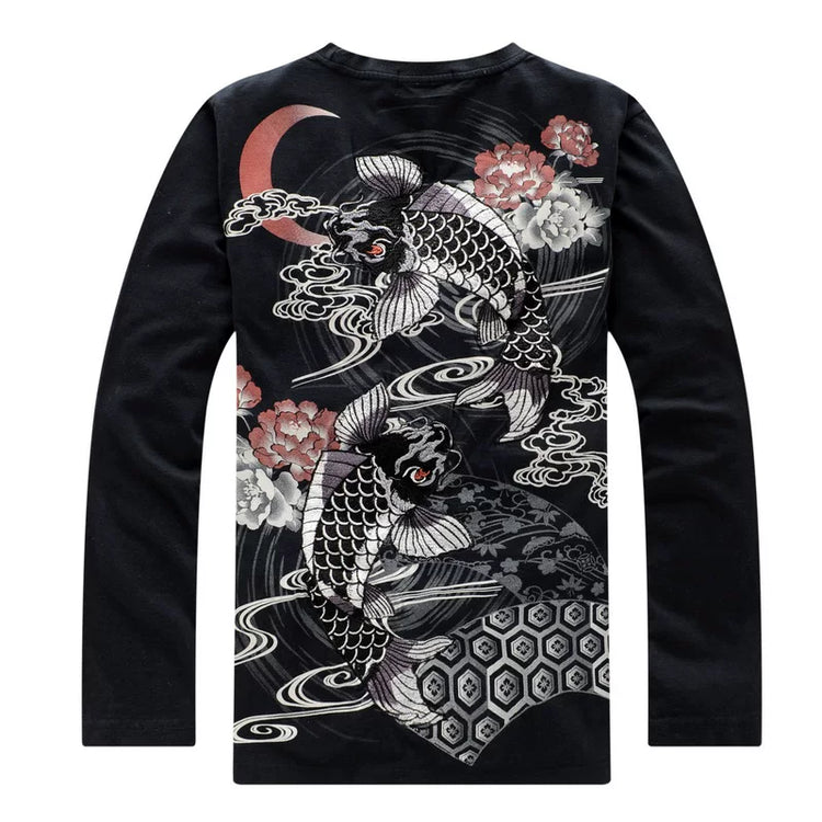 Classic Chinese style embroidery long sleeve T-shirt men's embroidered garden collar tattoo ukiyo-e auspicious carp