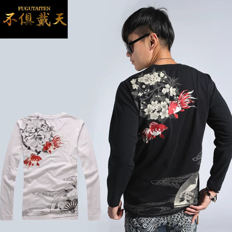 Tattoo Chinese style and handle Yokosuka Japanese embroidery long sleeve t-shirt men's cotton embroidery goldfish couple
