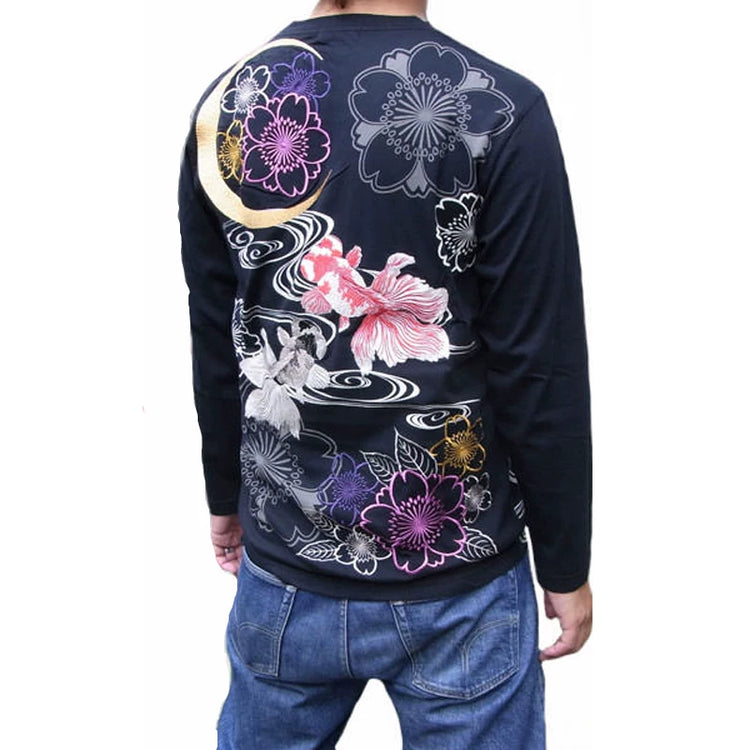 Hirobo Limited edition Japanese tattoo tattoo embroidery long sleeve T-shirt men's and handle Yokosuka Izume goldfish