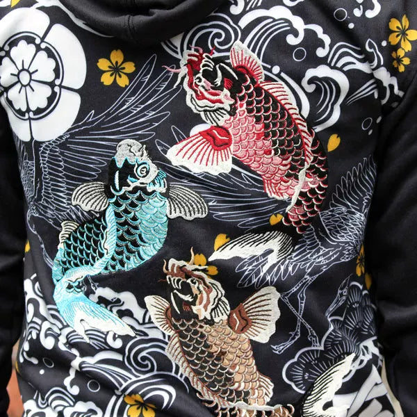 Japanese trendy brand, Yokosuka, wagon, souvenir, ukiyo-e tattoo, tattoo, hot-blooded high school embroidery, hooded sweatshirt, carp