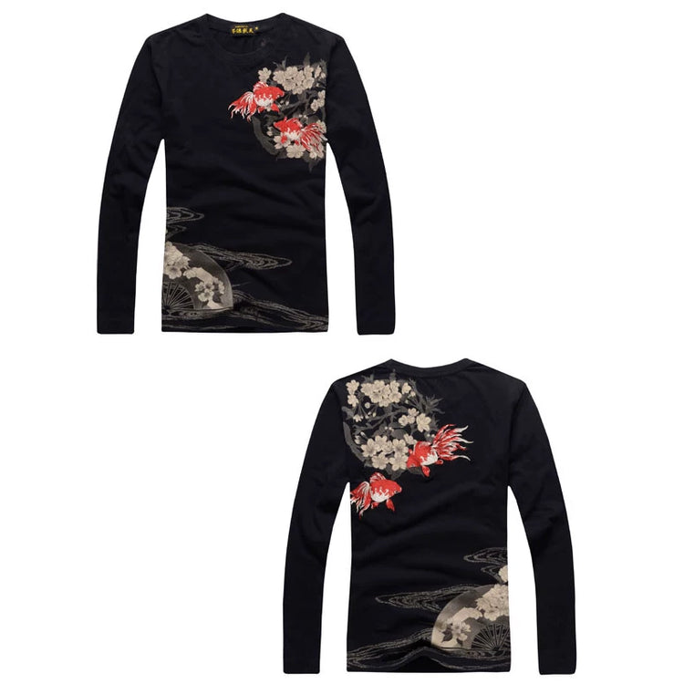 Tattoo Chinese style and handle Yokosuka Japanese embroidery long sleeve t-shirt men's cotton embroidery goldfish couple